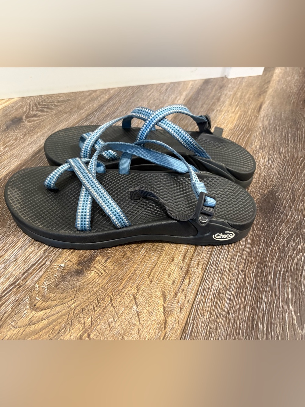 Chaco Blue Strappy Sandals with Black Footbed